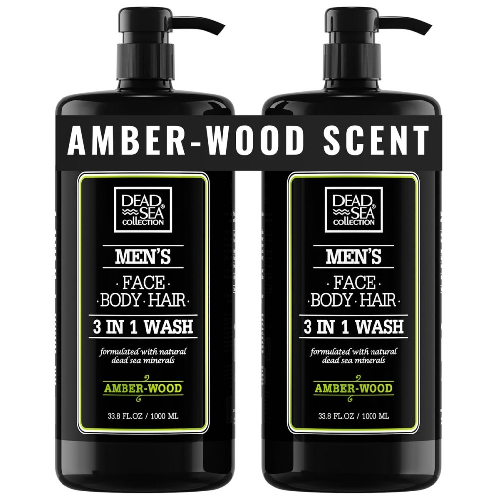Dead Sea Collection Mens Body Wash 3 in 1 - Amber Wood Body Wash for Men - Shower Gel - Shampoo - Shower Soap for Face and Hair - Pack of 2 Bottles (33.8 Fl. Oz. Each)