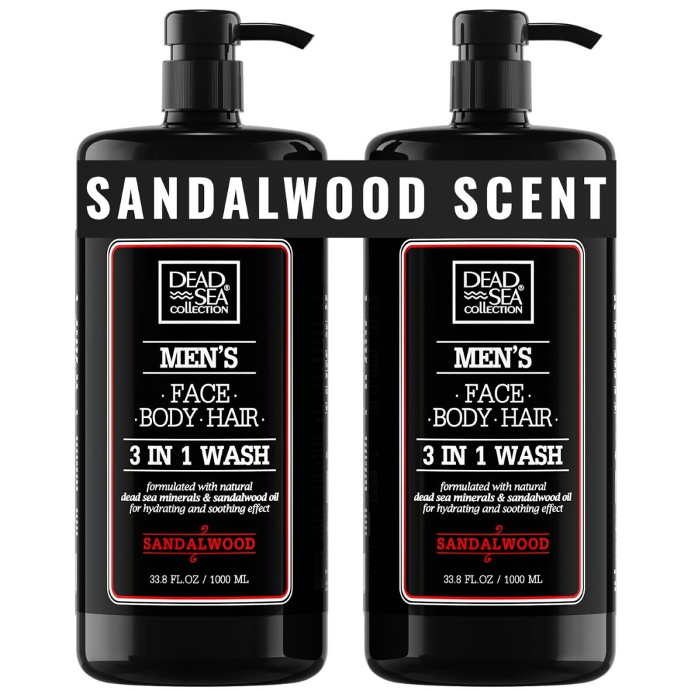 Dead Sea Collection Mens Body Wash 3 in 1 - Sandalwood Body Wash for Men - Shower Gel - Shampoo - Shower Soap for Face and Hair - Pack of 2 Bottles (33.8 Fl. Oz. Each)