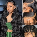 Wingirl 13x6 Body Wave Lace Front Wigs Human Hair Pre Plucked 180 Density HD Transparent Full Lace Frontal Wigs Human Hair for Women Natural Black Color 22Inch