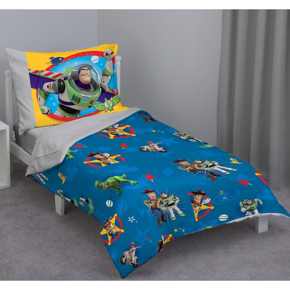 Disney Toy Story - Play Time - Blue, Yellow, Green, Red, Gray 4 Piece Toddler Bed Set with Comforter, Flat Top Sheet, Fitted Bottom Sheet, Standard Size Pillowcase
