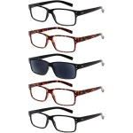 NORPERWIS Reading Glasses 5 Pairs Quality Readers Spring Hinge Glasses for Reading for Men and Women (2 Black 2 Tortoise 1sun, 0.75)