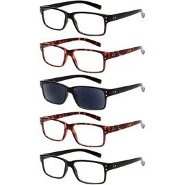 NORPERWIS Reading Glasses 5 Pairs Quality Readers Spring Hinge Glasses for Reading for Men and Women (2 Black 2 Tortoise 1sun, 0.75)