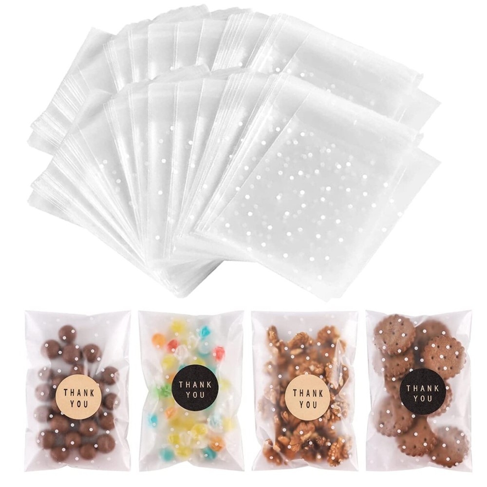 NPLUX 200PACK Self Sealing Cellophane Treat Bags Clear Cookie Bags for Gift Giving with Stickers(White Polka Dot, 4X6INCH)