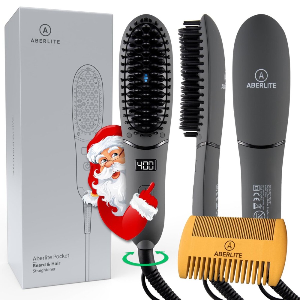Aberlite Pocket - Compact Beard Straightener for Men - Ionic & Anti-Scald Technology - Beard Straightening Heat Brush Comb Ionic - for Home and Travel