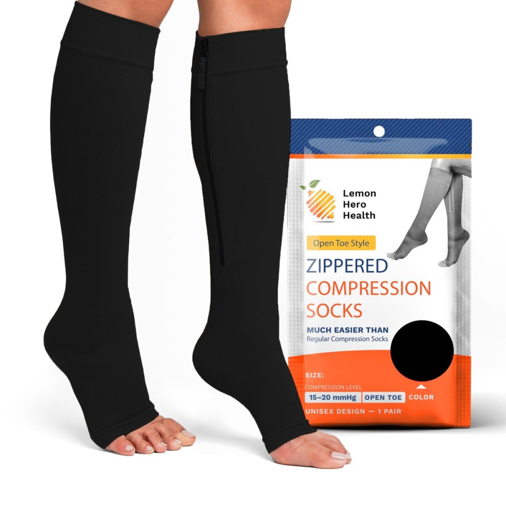 Lemon Hero Zipper Compression Socks for Women and Men, 1 Pair, Open Toe 15-20 mmHg Lightweight Compression Stockings with Zip Guard, Designed for Circulation and Skin Protection - 3XL, Black