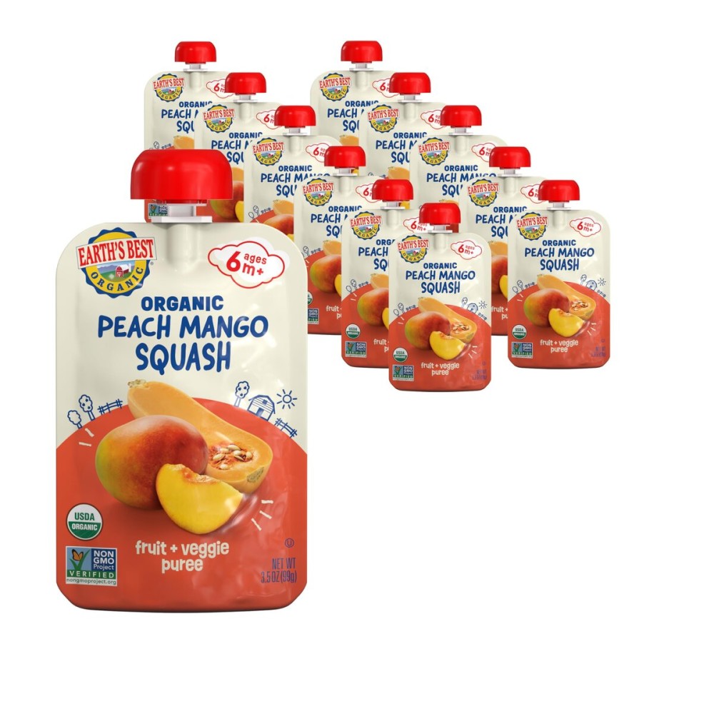 Earth\'s Best Organic Fruit + Veggie Puree Peach, Mango + Squash Pouch, 3.5 oz (Pack of 12)