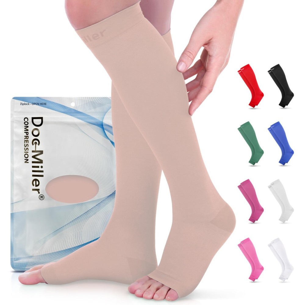 Doc Miller Open Toe Compression Socks for Men and Women, 15-20 mmHg, Calf Support Sleeves, Recovery Stockings, Wide Calf, Toeless Design, 1 Pair