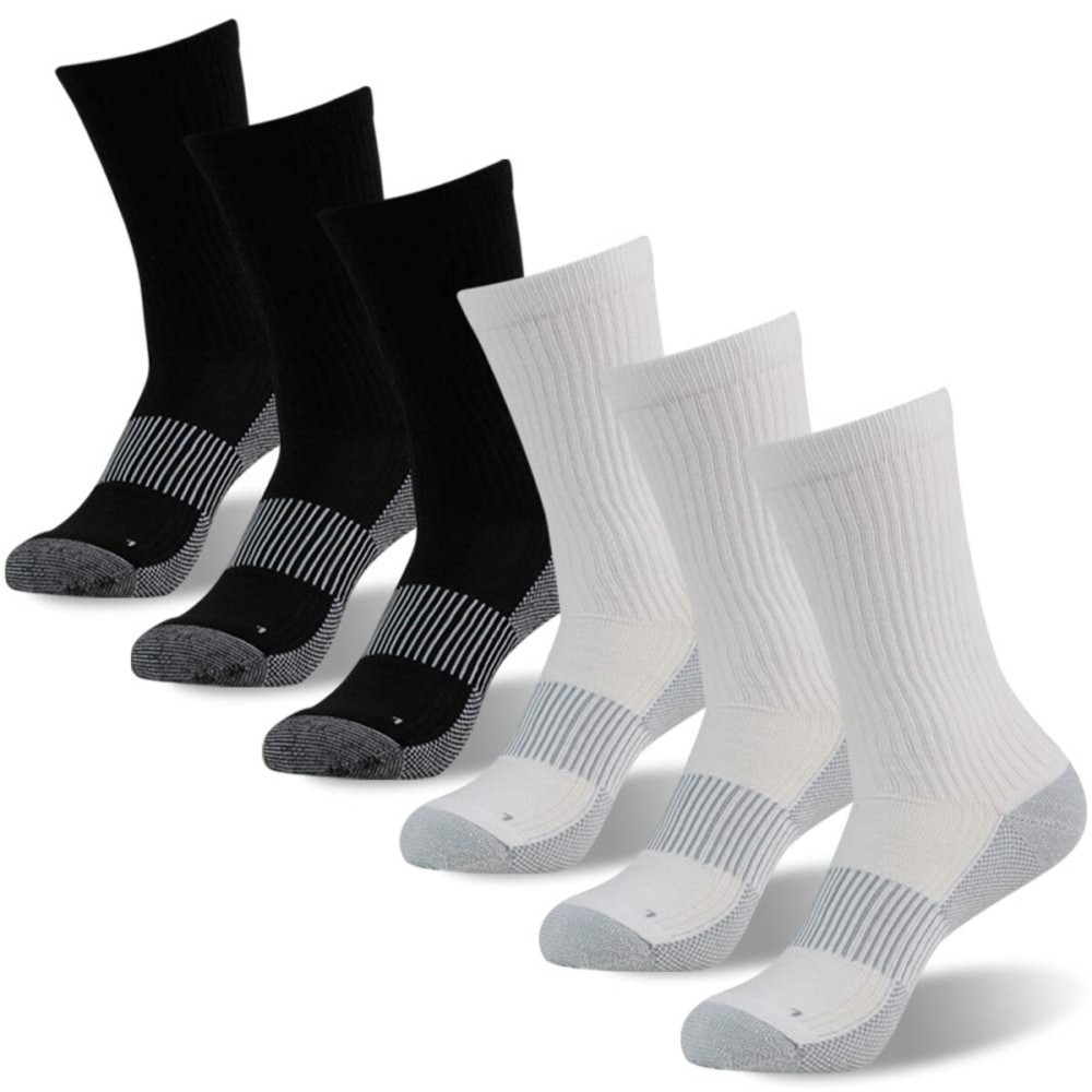 FOOTPLUS 6 Pairs Copper Running Socks,Mens Womens Crew Breathable Crew Home Work Wear Thick Cushioned Sole Mountain Climbing Camping Copper Compression Socks,White&Black,Large