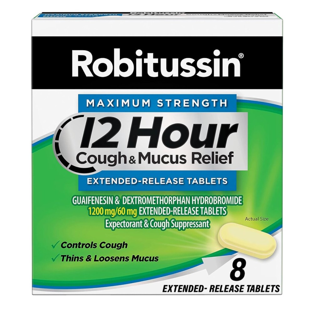 Robitussin Maximum Strength 12 Hour Cough and Mucus Relief, Expectorant and Cough Suppressant, 8 Extended-Release Tablets