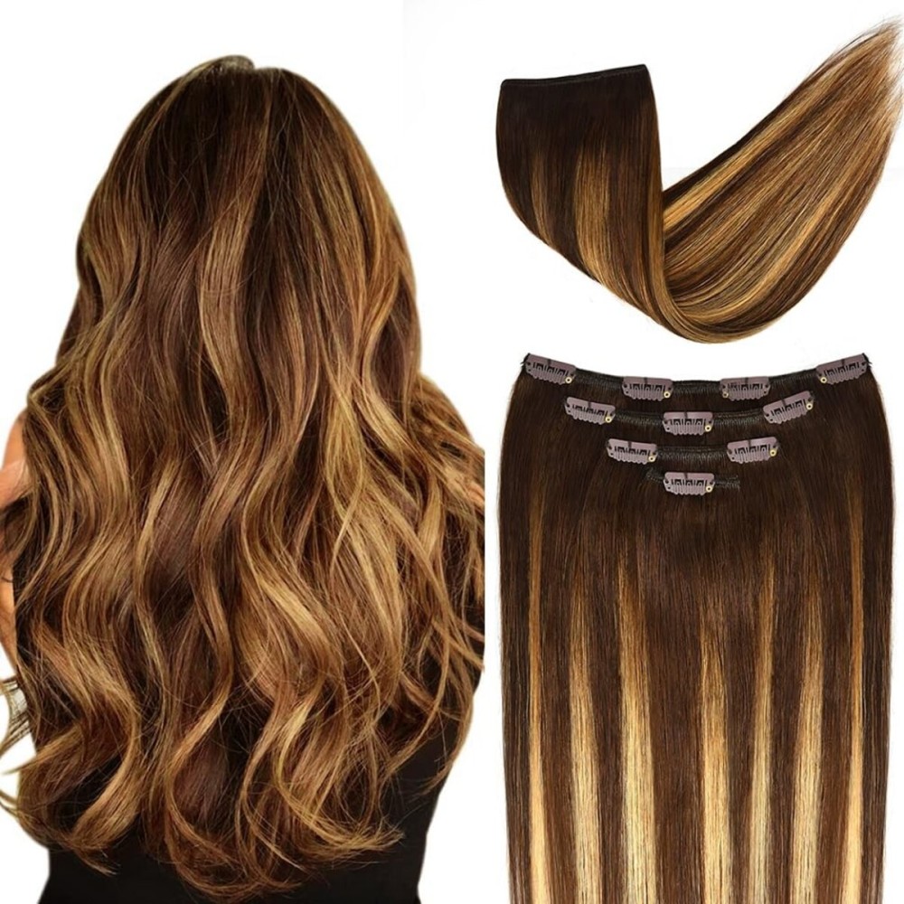 12 Hair Extensions Balayage Clip in Human Hair for Women - Silky Straight Chocolate Brown to Honey Blonde Highlight Brown Ombre Hair 50grams 4pieces (4T27) P4 Color