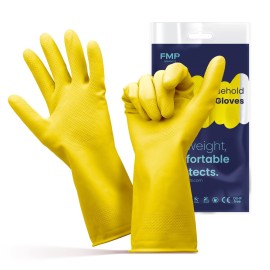 FMP Brands Cleaning Gloves - 12 Pairs Rubber Gloves for Dishwashing, Non-Slip, Waterproof Reusable Latex Gloves for Kitchen, Bathroom, Household, Gardening (Small, Yellow)