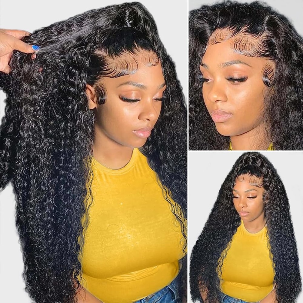 Pizazz 13x4 HD Transparent Lace Front Wigs Human Hair with Baby Hair Bleached Knots Black Color 180 Density Brazilian Deep Wave Human Hair Wigs for Black Women(20 Inch, Black color)