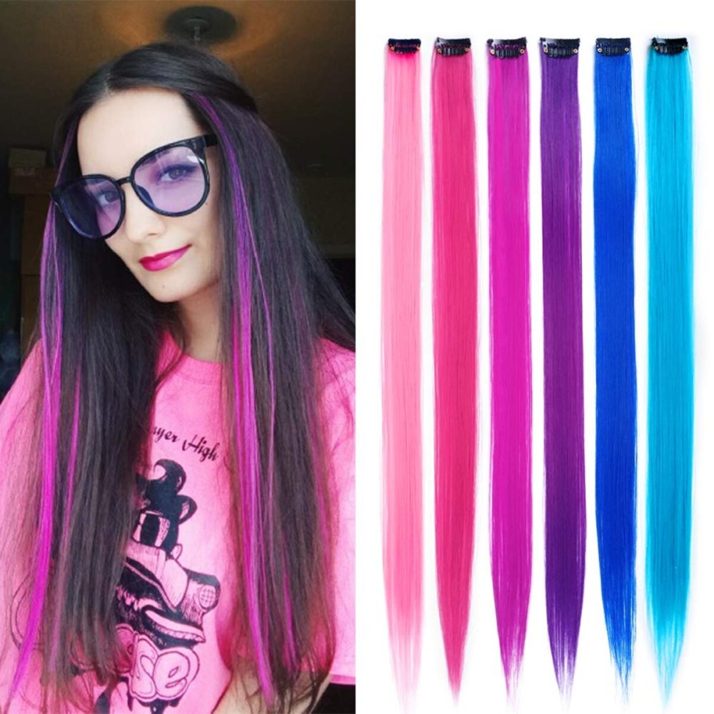 KGBFASS 24 Packs Colored Clip in Hair Extensions 20\'\' Colorful Straight Hair Extensions Clip in for Kids Multi-Colors Party Highlights Hairpieces(Pink,Purple,Blue)