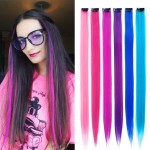 KGBFASS 24 Packs Colored Clip in Hair Extensions 20\'\' Colorful Straight Hair Extensions Clip in for Kids Multi-Colors Party Highlights Hairpieces(Pink,Purple,Blue)