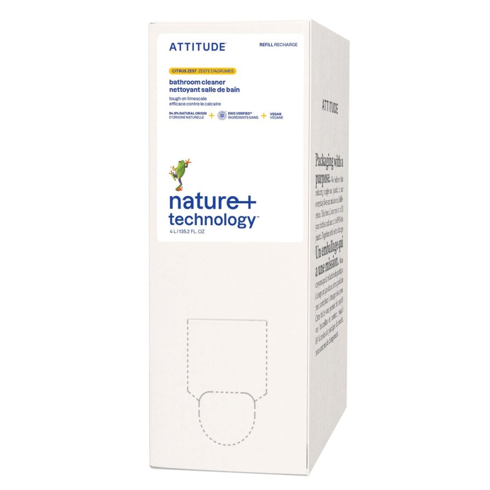 ATTITUDE Bathroom Cleaner Spray Refill, EWG Verified, Plant-Based & Vegan, Safe for Bathroom Surfaces, Tiles, Tubs, Shower Walls, and Grout, Citrus Zest Scent, 135.26 Fl Oz
