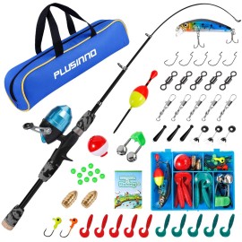 PLUSINNO Kids Fishing Pole with Spincast Reel Telescopic Fishing Rod Combo Full Kits for Boys, Girls, and Adults(Black, 150cm 59.02In)