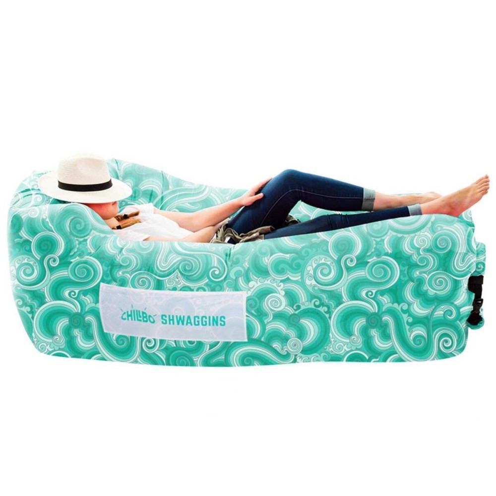 Chillbo Shwaggins Inflatable Couch - No-Pump Setup, Ripstop Polyester, Stability Pegs, Fun Prints, Portable Air Lounger for Beach, Camping, Festivals, and Tailgating - Green Wave