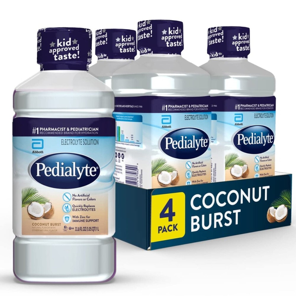 Pedialyte Electrolyte Drink, Hydration Drinks for Kids & Adults, Coconut Burst, 1 Liter, Pack of 4