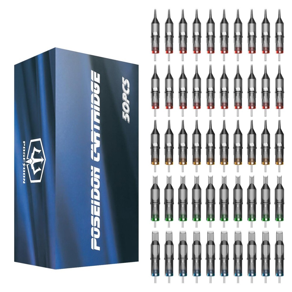 Poseidon Tattoo Cartridge Needles 50Pcs Assorted Mixed Size Curved/Round Magnum 12 Standard 5cm 7cm 9cm 11cm 13cm 15cm 17cm 19cm 21cm 23cm/rm Disposable Membrane Tattoo Needles Long Taper for Makeup