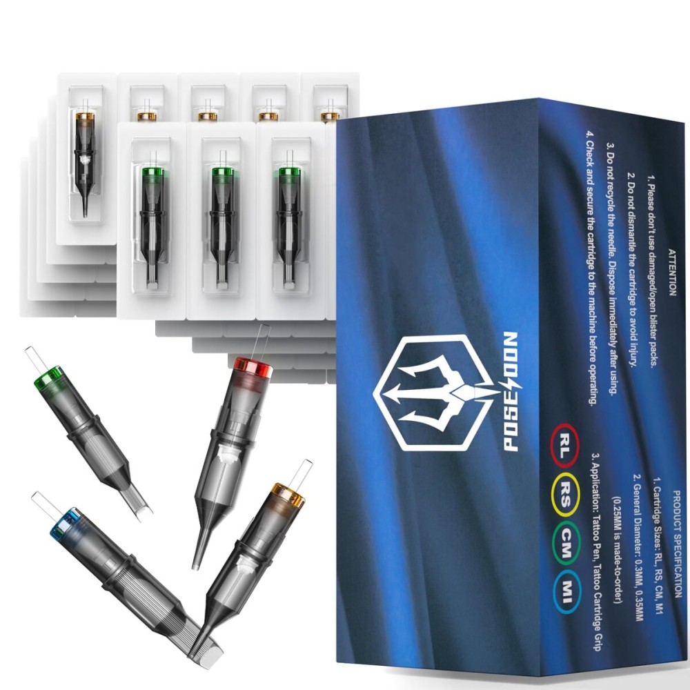 Poseidon Tattoo Cartridge Needles 50Pcs Assorted Mixed Size Round Liner 10 Bugpin 3rl 5rl 7rl 9rl 11rl Disposable Membrane Tattoo Needles Long Taper for Makeup