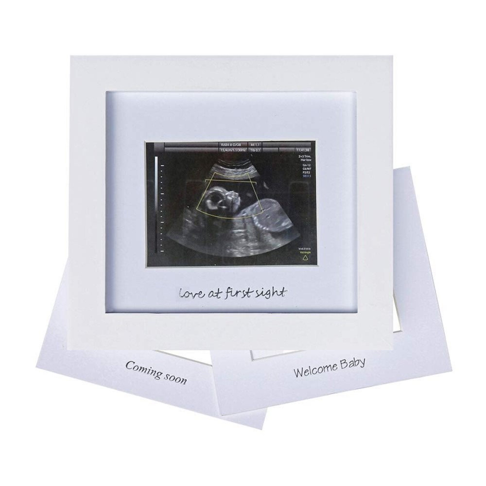 IHEIPYE Baby Sonogram Photo Frame - Ultrasound Picture Frame for Expecting Parents, Baby Showers, Gender Reveal Parties, Nursery Decor (Silver Text, White)