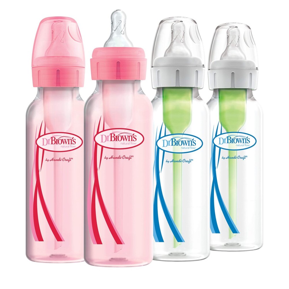 Dr. Browns Natural Flow Anti-Colic Options+ Narrow Baby Bottles, 8 oz/250ml, with Level 1 Slow Flow Nipple, 4 Pack, Pink/Clear