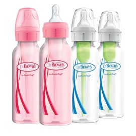 Dr. Browns Natural Flow Anti-Colic Options+ Narrow Baby Bottles, 8 oz/250ml, with Level 1 Slow Flow Nipple, 4 Pack, Pink/Clear