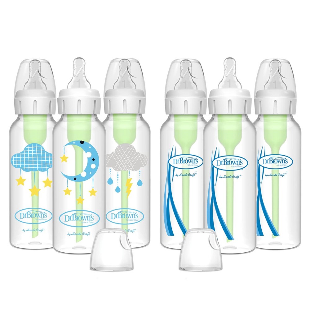 Dr. Browns Natural Flow Anti-Colic Options+ Narrow Baby Bottles 8 oz/250 mL, with Level 1 Slow Flow Nipple, 6 Pack, 0m+ Moon/Clouds Gift Set