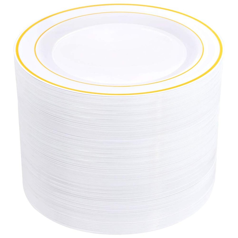bUCLA 100Pieces Gold Plastic Dinner Plates - 10.25inch White and Gold Plates Disposable for Party - Ideal for Wedding, Party & Daily Use