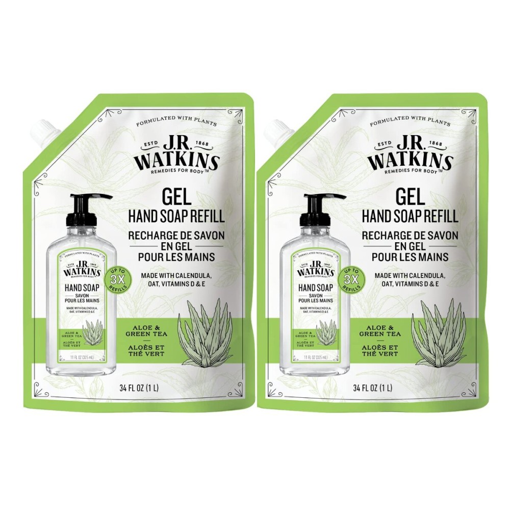 J.R. Watkins Gel Hand Soap Refill Pouch, Scented Liquid Hand Wash for Bathroom or Kitchen, USA Made and Cruelty Free, 34 fl oz, Aloe & Green Tea, 2 Pack