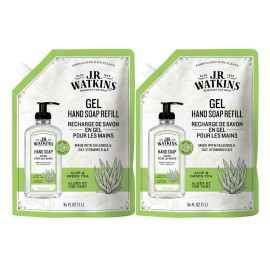 J.R. Watkins Gel Hand Soap Refill Pouch, Scented Liquid Hand Wash for Bathroom or Kitchen, USA Made and Cruelty Free, 34 fl oz, Aloe & Green Tea, 2 Pack
