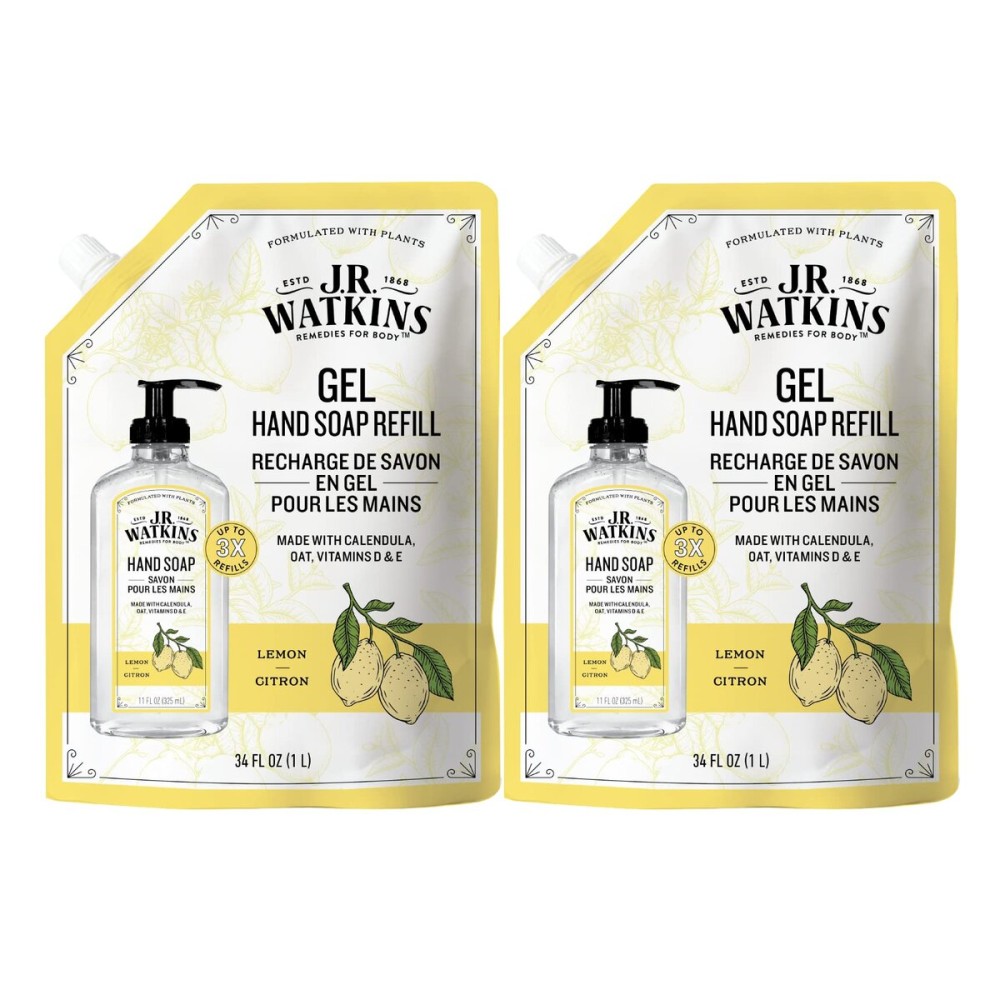 J.R. Watkins Gel Hand Soap Refill Pouch, Scented Liquid Hand Wash for Bathroom or Kitchen, USA Made and Cruelty Free, 34 fl oz, Lemon, 2 Pack