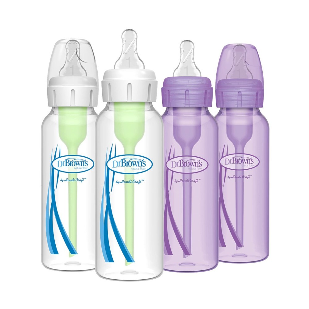 Dr. Browns Natural Flow Anti-Colic Options+ Narrow Baby Bottles, 8 oz/250ml, with Level 1 Slow Flow Nipple, 4 Pack, Purple/Clear