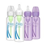 Dr. Browns Natural Flow Anti-Colic Options+ Narrow Baby Bottles, 8 oz/250ml, with Level 1 Slow Flow Nipple, 4 Pack, Purple/Clear