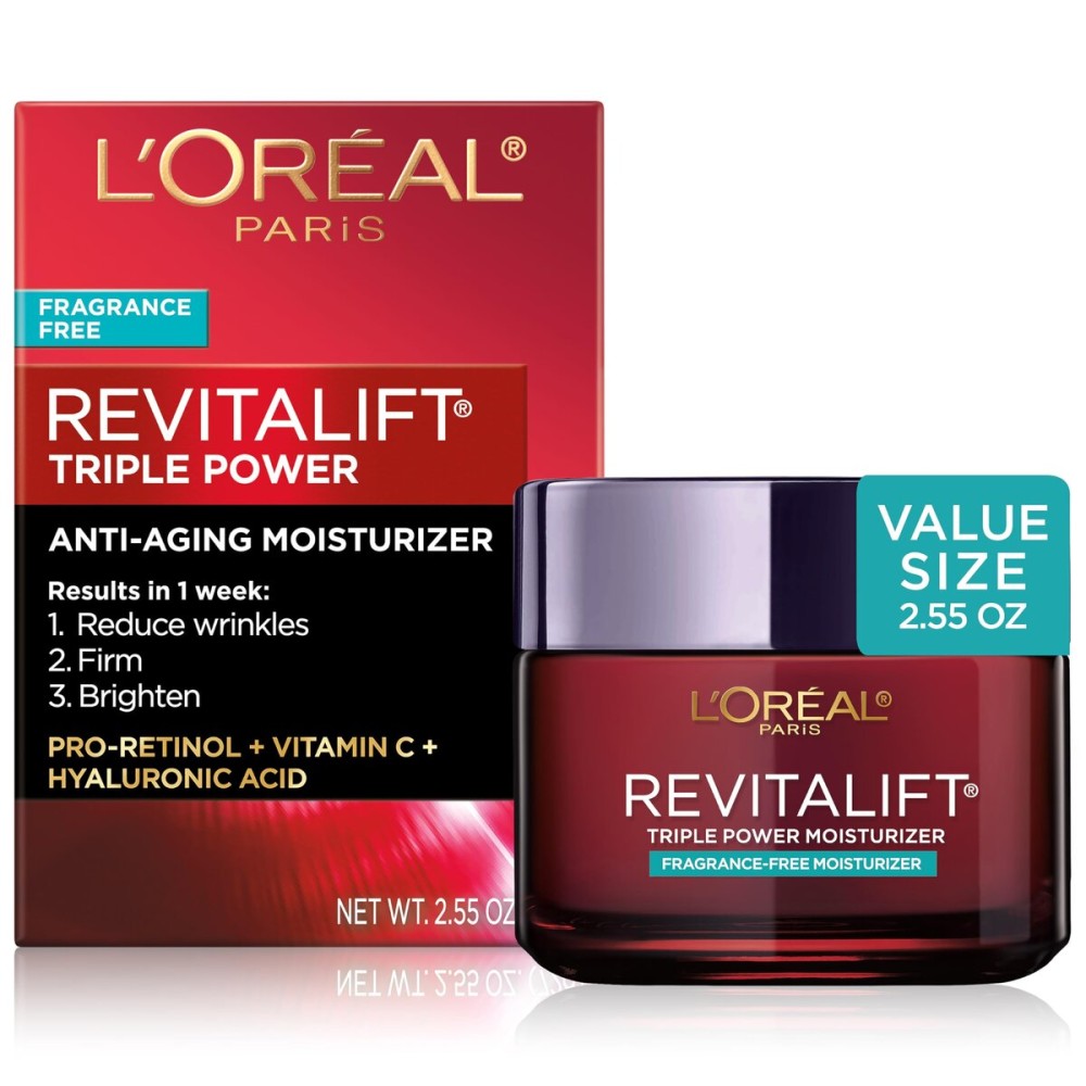 L\'Oreal Paris Revitalift Triple Power Anti-Aging Face Moisturizer, Fragrance Free, Pro Retinol, Hyaluronic Acid & Vitamin C to Reduce Wrinkles, Firm & Brighten Skin, 2.55 Oz