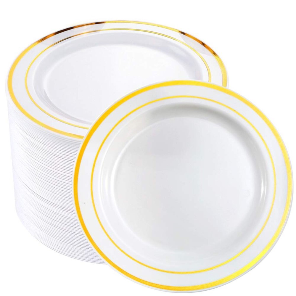 bUCLA 100Pieces Gold Plastic Plates -7.5inch White and Gold Disposable Salad/Dessert Plates - Ideal for Weddings, Party & Thanksgiving