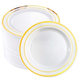 bUCLA 100Pieces Gold Plastic Plates -7.5inch White and Gold Disposable Salad/Dessert Plates - Ideal for Weddings, Party & Thanksgiving