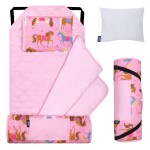 Wildkin Modern Kids Nap Mat - Soft Cotton Blend with Pillow & Elastic Straps for School & Travel - Horses