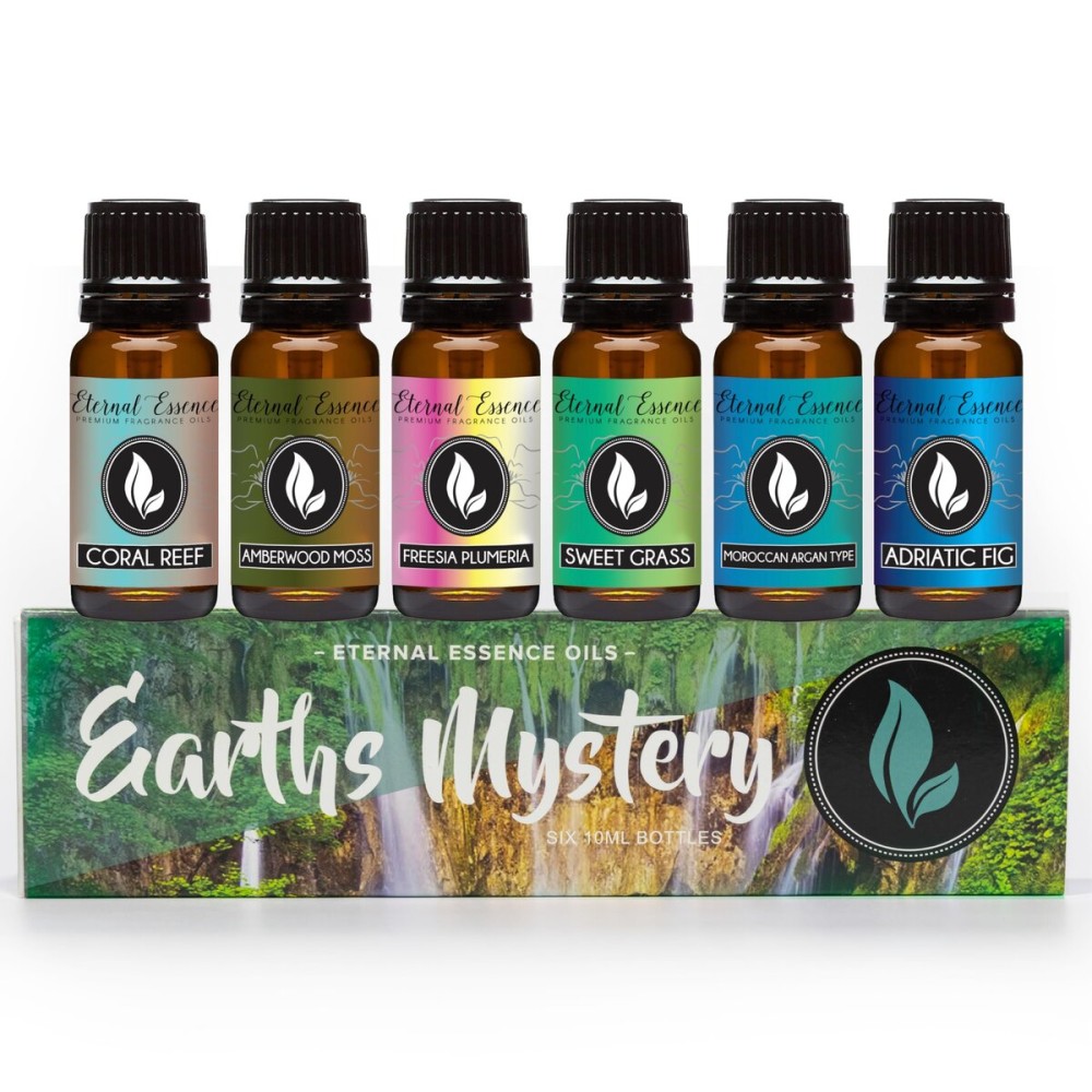 Eternal Essence Oils Earths Mystery Set of 6 Premium Fragrance Oils - Includes Freesia Plumeria, Sweet Grass, Amberwood Moss, Adriatic Fig, Moroccan Argan Type, and Coral Reef Scented Oils - 10ML