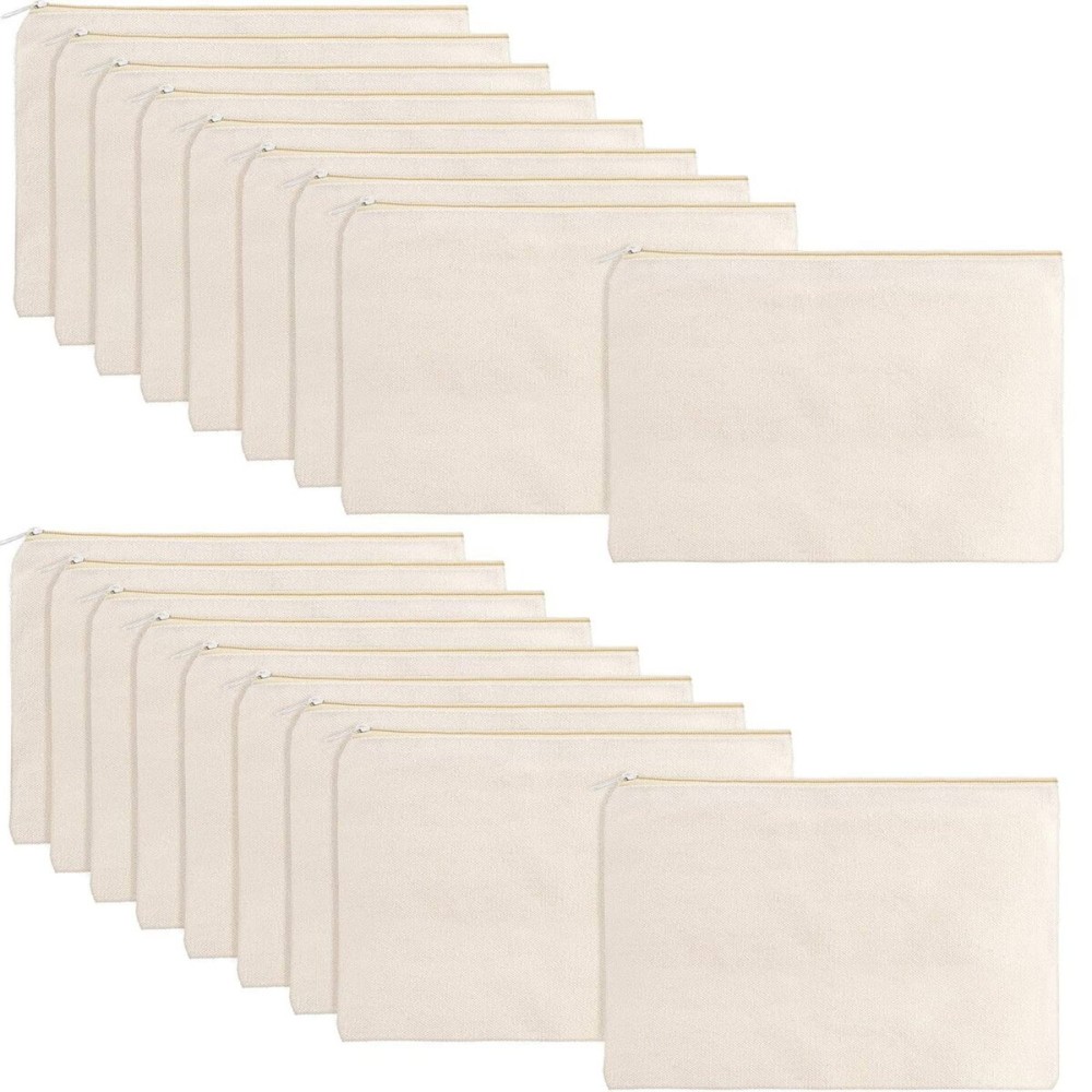 meekoo 16 Pack Canvas Blank Cosmetics Bags Plain Zipper Makeup Pouch Sublimation DIY Craft Multipurpose Toiletry Bag for Makeup Travel Cosmetic Stationary Storage(L,Beige)