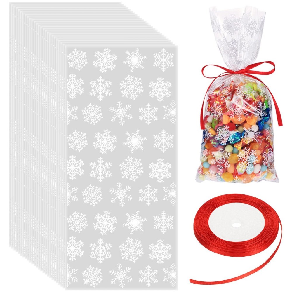 Boao 100 Pcs Christmas Cellophane Treat Bags Snowflake Goodie Candy Bag with Ribbon for Winter Holiday Christmas Party Supplies(White Bag with Red Ribbon)