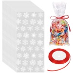 Boao 100 Pcs Christmas Cellophane Treat Bags Snowflake Goodie Candy Bag with Ribbon for Winter Holiday Christmas Party Supplies(White Bag with Red Ribbon)