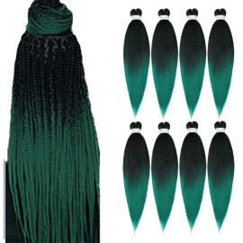 Pre-Stretched Braiding Hair Extensions Ombre Black to Green - 20 inch 8 Packs Synthetic Crochet Braids, Hot Water Setting Professional Soft Yaki Texture (20inch,1B/Green)