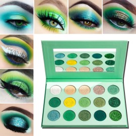 Afflano Green Eyeshadow Palette, Green Glitter Eyeshadow Highly Pigmented, Forest Emerald Christmas Makeup Palettes, Yellow Lime Grass Greenish Makeup Eye Shadow Pallet 15 Color