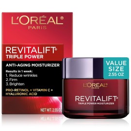 L\'Oreal Paris Revitalift Triple Power Anti-Aging Face Moisturizer, Pro Retinol, Hyaluronic Acid & Vitamin C, Reduce Wrinkles 2.55 Oz