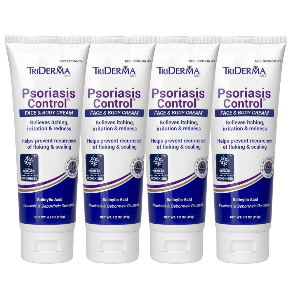 TriDerma Psoriasis Control Face & Body Cream - Maximum Strength 3% Salicylic Acid, AP4 Aloe Vera Gel, Urea Cream - Extra Moisturizing Treatment, No Cortisone or Coal Tar - FSA Eligible - 4.2 oz, 4Pack
