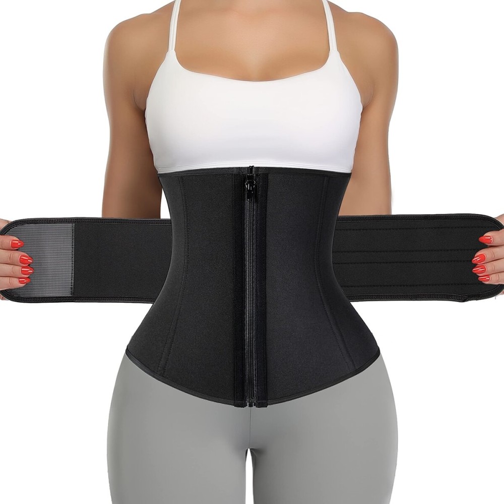 KIWI RATA 2 in 1 Neoprene Sauna Waist Trainer Corset Sweat Belt for Women Tummy Control Bands Compression Workout Fitness Trimmer,1 Zipper Black,Medium
