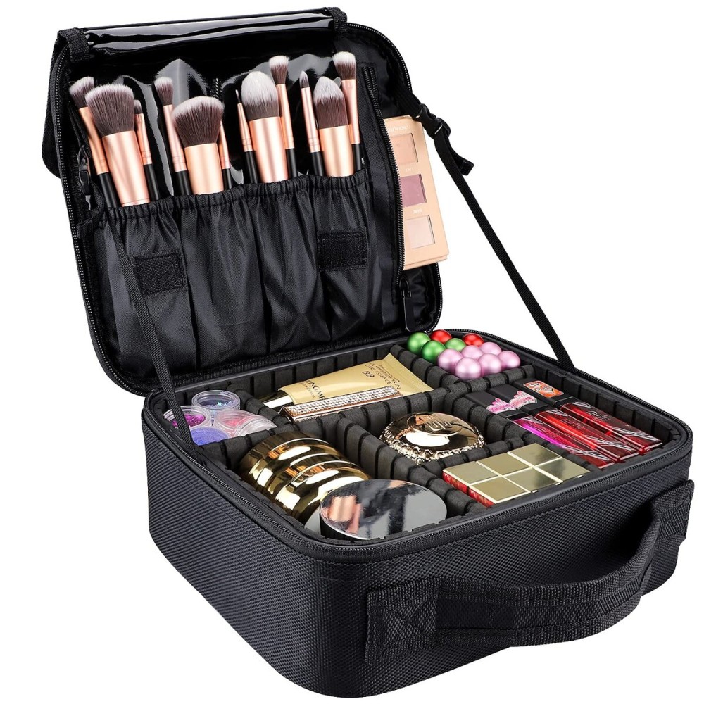 gzcz Travel Makeup Bag,Portable Makeup Case for Women,Professional Cosmetic Train Case Organizer Artist Storage Bag With Adjustable Dividers Brushes Toiletry Jewelry Digital Accessories