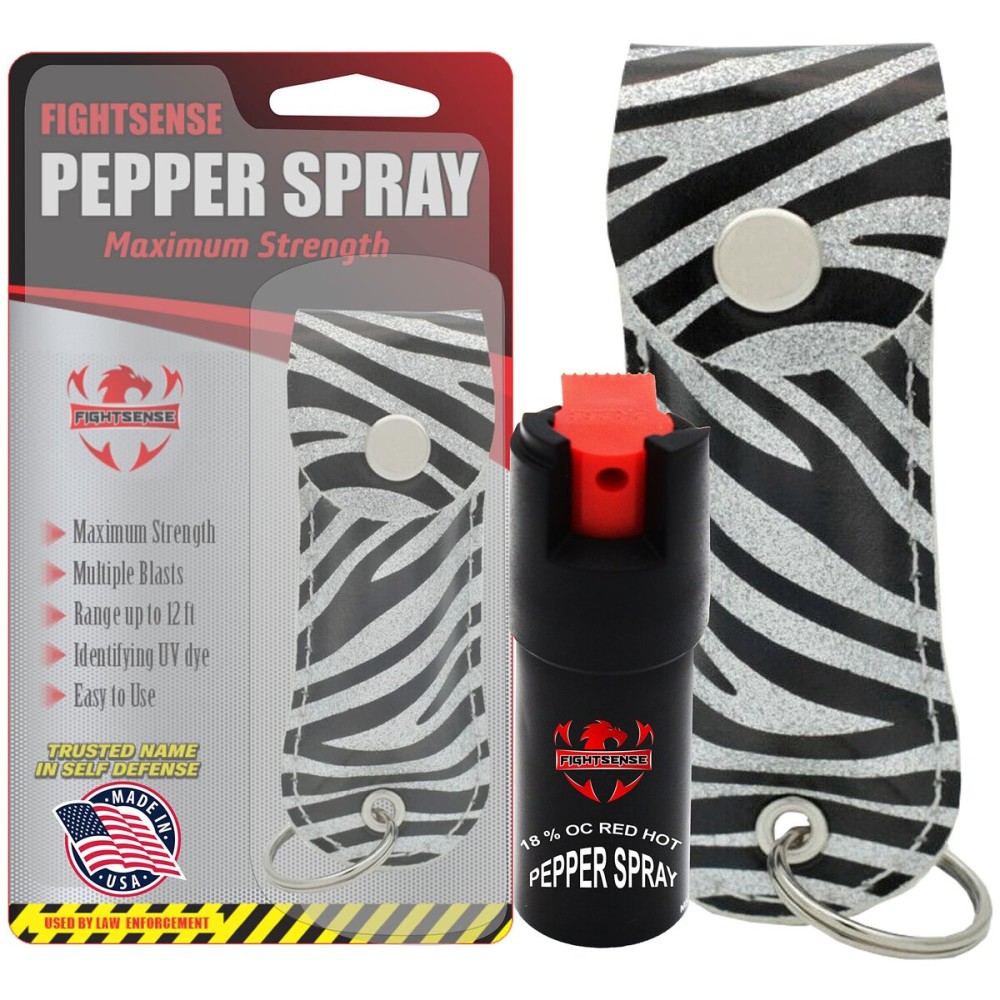 FIGHTSENSE Self Defense Pepper Spray - 1/2 oz Compact Size Maximum Strength Police Grade Formula Best Self Defense Tool for Women W/Leather Pouch Keychain (Zebra Black)