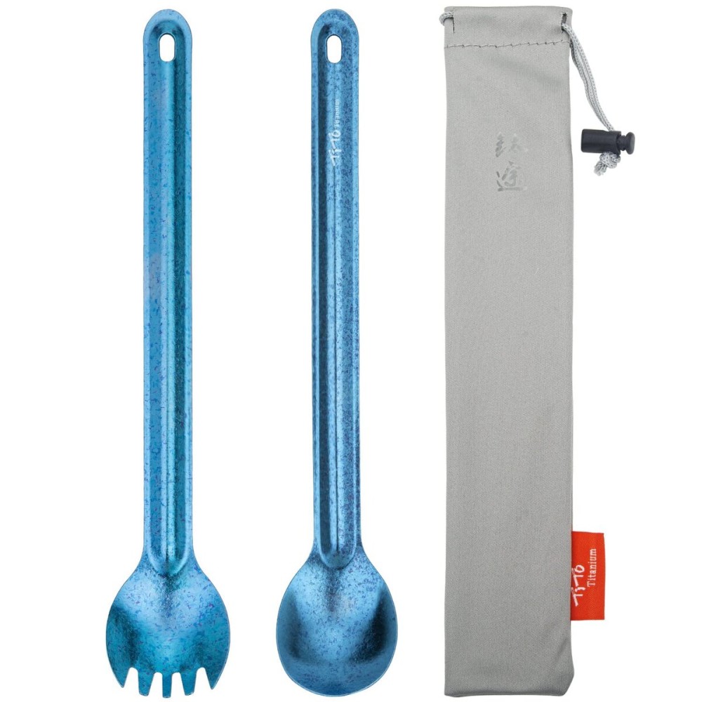 TiTo Titanium Long Handle Spork and Spoon Eco-Friendly Ultralight Portabale Flatware for Outdoor Camping Backpacking Hiking Travel Picnic Tableware with Bag (2Pcs Blue)